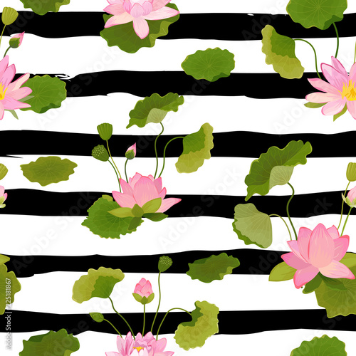 Seamless Pattern with Lotus Flowers and Leaves, Retro Tropical Floral Background for Fashion Print, Birthday Decoration Wallpaper. Vector Illustration