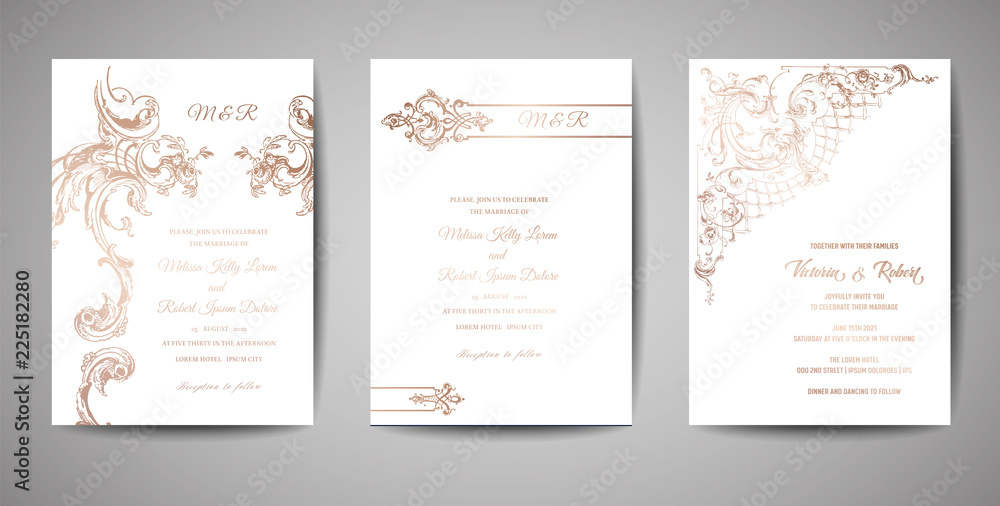 Set of Luxury Vintage Wedding Save the Date, Invitation Cards Collection with Gold Foil Frame and Wreath. Vector trendy cover, graphic poster, retro brochure, design template