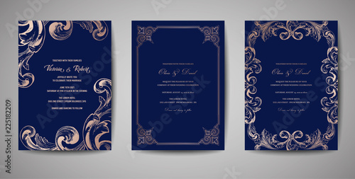 Set of Luxury Vintage Wedding Save the Date, Invitation Navy Cards Collection with Gold Foil Frame and Wreath. Vector trendy cover, graphic poster, retro brochure, design template