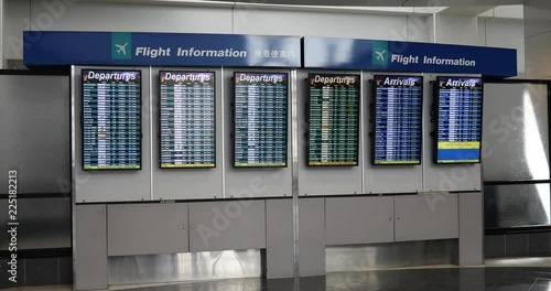 Flight schedule board Salt Lake City airport. Passenger checks scheduling and notification boarding electronic board. Flight number, destination, arrival and gate information shown. photo