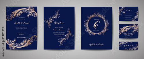 Luxury Vintage Wedding Save the Date, Invitation Navy Cards Collection with Gold Foil Frame and Wreath. Vector trendy cover, graphic poster, retro brochure, design template