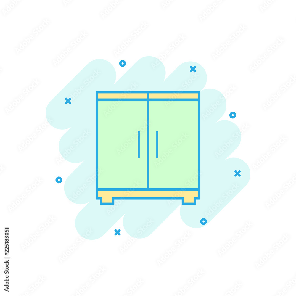 Cartoon colored cupboard icon in comic style. Furniture illustration pictogram. Cabinet sign splash business concept. Cartoon colored cupboard icon in comic style. Furniture illustration pictogram. Cabinet sign splash business concept.