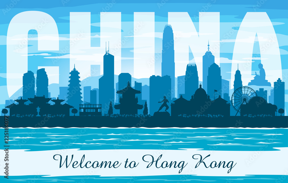Obraz premium Sylwetka wektor panoramę miasta Hong Kong Chiny