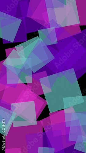 Multicolored translucent squares on dark background. Vertical image orientation. 3D illustration