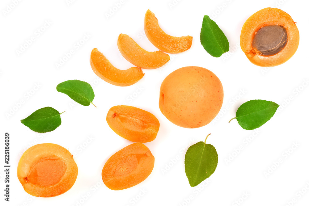 Apricot fruits with leaves isolated on white background with copy space for your text. Top view. Flat lay pattern Apricot fruits with leaves isolated on white background with copy space for your text. Top view. Flat lay pattern