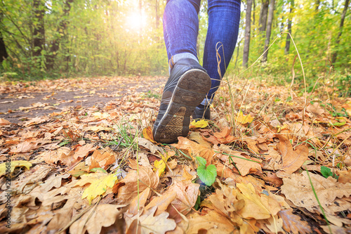 Young girl in jeans and sneakers on his feet  walks through the fall leaves on the road in the woods in the sunshine outdoors