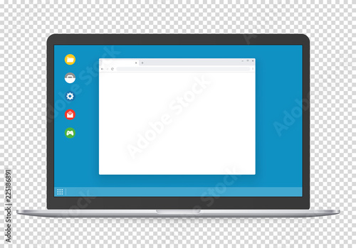 Modern computer with operating system interface template and blank browser page.