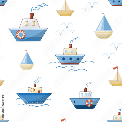 cartoon ships, boats, steamers and yachts with waves and seagulls vector seamless background