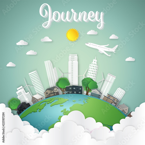 Travel by airplane over modern buildings cityscape and houses on green world in the morning as business, nature, eco and love earth day concept. vector illustration of paper art and craft style.