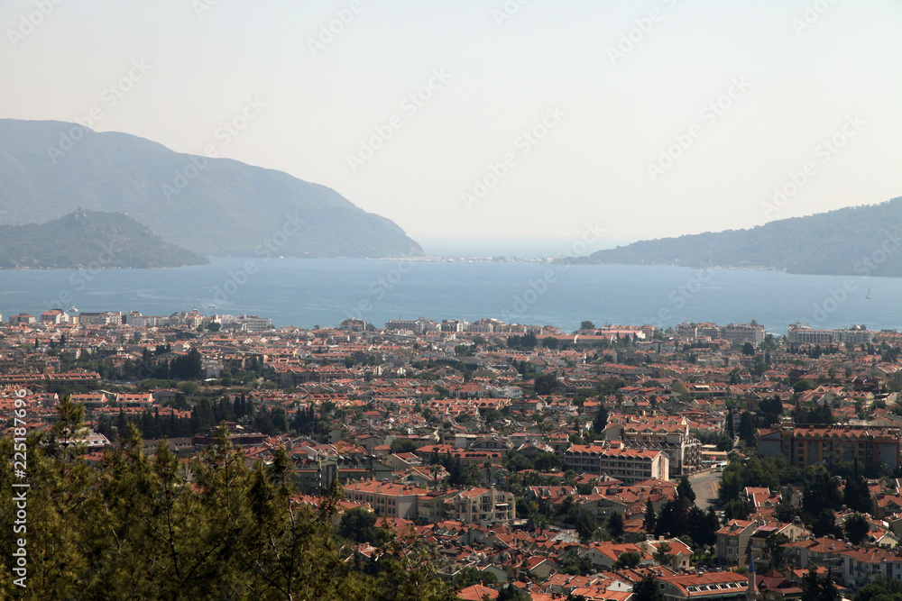panoramic view of the city of Marmaris and bay, from a hill top