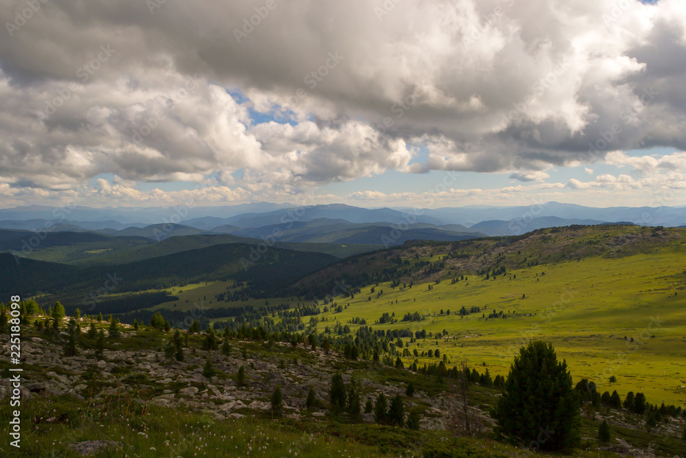 Landscape of green valley flooded with light and lush green grass and trees, mountains, covered with stone, a fresh summer day under a blue sky with white clouds and sun rays in Altai mountains