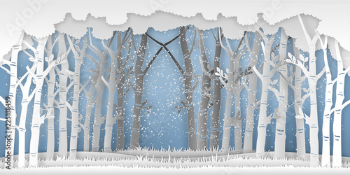 the winter season with trees and snow  as Paper art and digital craft style concept. vector illustration