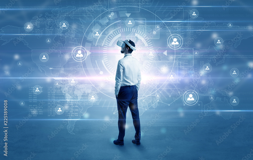 Manager with vr headset and social network research concept
Manager with vr headset and social network research concept