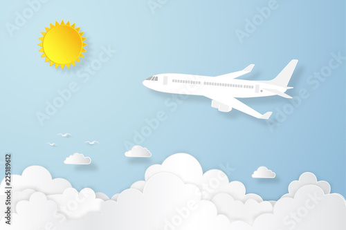 Airplane flying under blue sky and sunny as paper art, craft style and business, journey and travel concept. vector illustration.