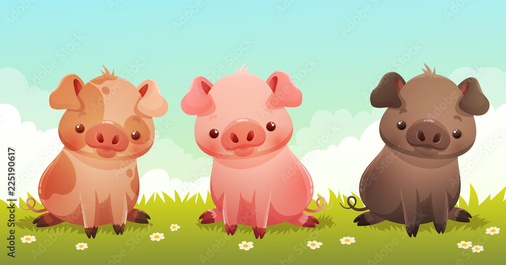 Three cute little pigs with different skin colors sitting on grass and daisies. Clouds and blue sky background. Vector illustration.