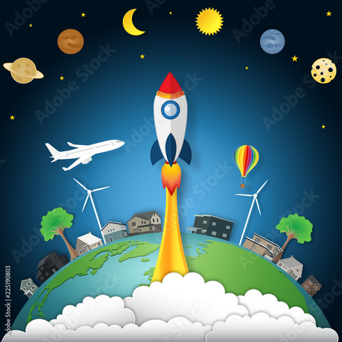 Fototapeta Naklejka Na Ścianę i Meble -  Rocket launch on the space or cosmos, hot air balloon and airplane over the earth as business, start up project, paper art and craft style concept. vector illustrator.