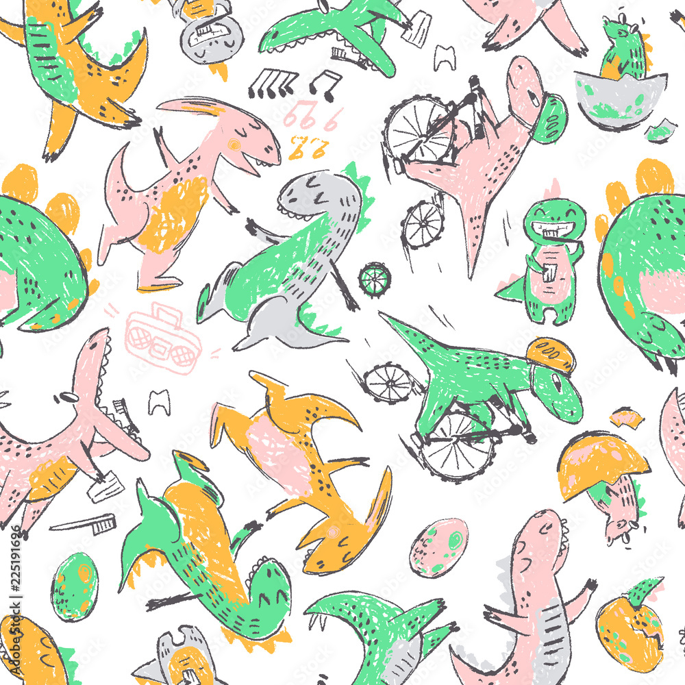 Fototapeta premium Doodle cute Dinosaurs seamless pattern. Funny cute kid drawn characters. Vector illustration