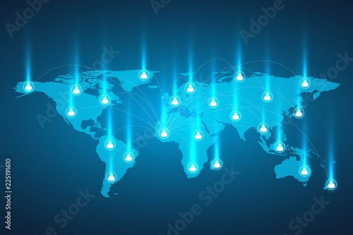 Fototapeta Naklejka Na Ścianę i Meble -  Glowing global world map network connection. mesh and line as business, composition concept. Vector Illustration.