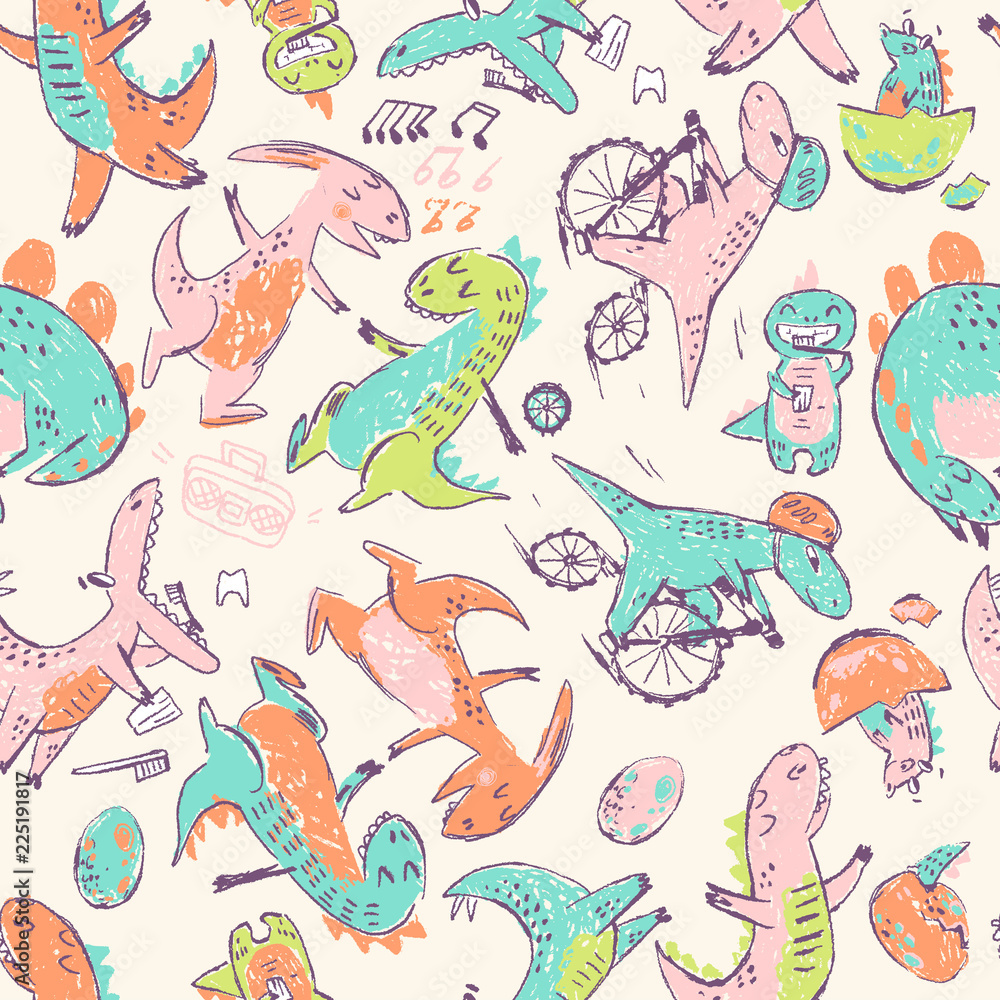 Fototapeta premium Doodle cute Dinosaurs seamless pattern. Funny cute kid drawn characters. Vector illustration