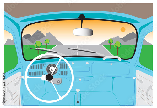 Inside a vintage beetle car vector on street. Retro interior old car illustration