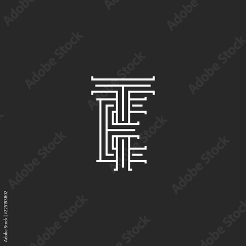 Logo TE letters linear medieval monogram mockup, parallel lines art ET creative design mark, two initials T and E typography symbols