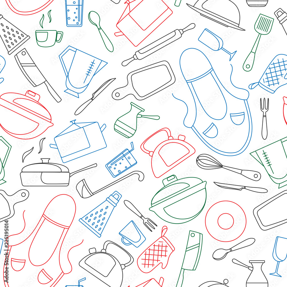 Seamless pattern on the theme of cooking and kitchen utensils, simple contour icons, painted with colored markers on white background Seamless pattern on the theme of cooking and kitchen utensils, simple contour icons, painted with colored markers on white background