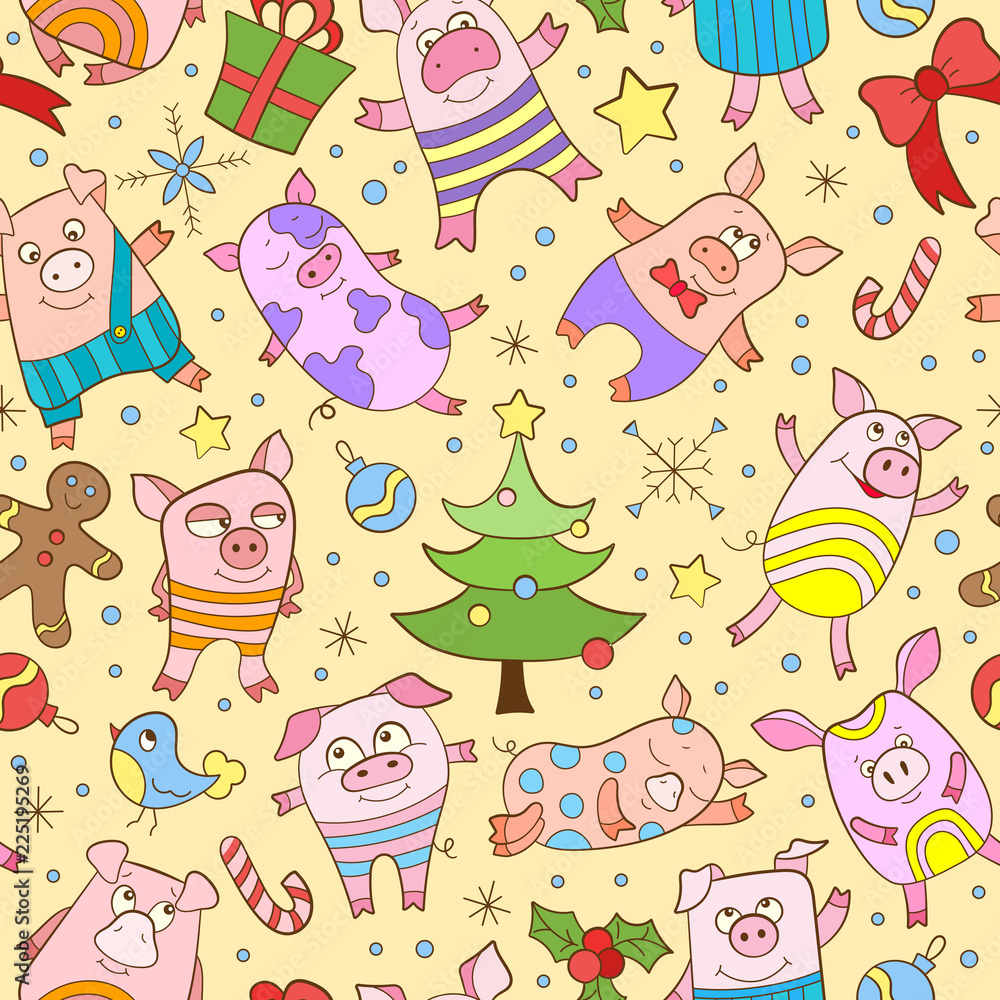 Seamless pattern on new year theme with funny cartoon colored pigs and snowflakes, colored icons on yellow background Seamless pattern on new year theme with funny cartoon colored pigs and snowflakes, colored icons on yellow background