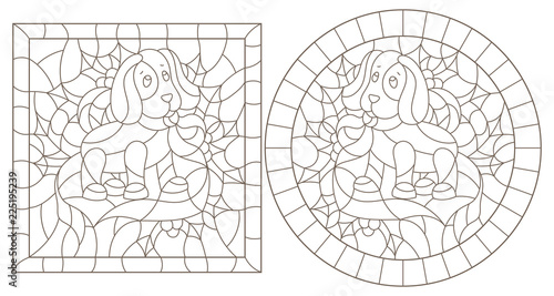 Set of contour illustrations in stained glass style for the New year and Christmas,plush dog toy, Holly branches and ribbons in the frame, round and square image