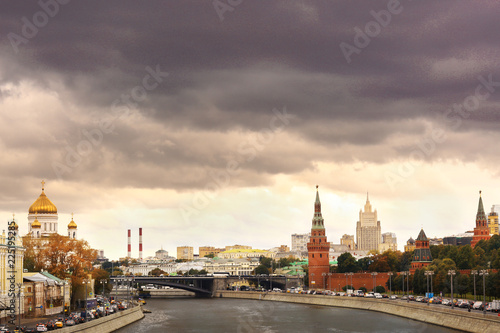 Moscow center river lanscape with steamer boat and bridge