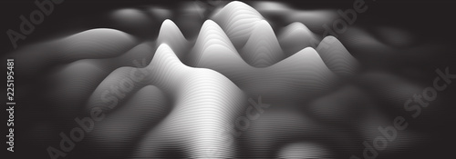 Vector 3d echo audio wavefrom spectrum. Music waves oscillation graph futuristic visualization. Grayscale faded impulse pattern. Or Abstract relief map. Landscape elevation concept.