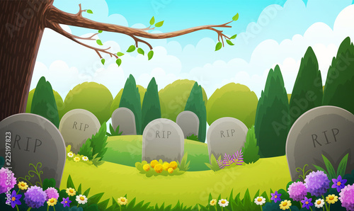 Landscape of a graveyard with old tombstones among grass and trees. Spring season with multicolored flowers and blue sky. Vector illustration.