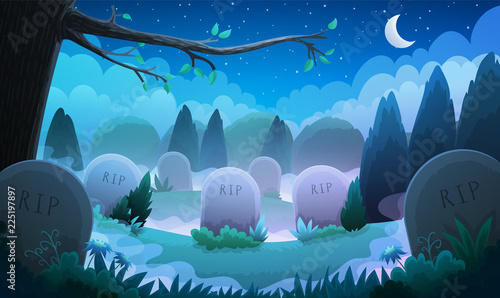 Landscape of a graveyard with old tombstones among grass and trees. Night scene with spooky fog. Vector illustration.