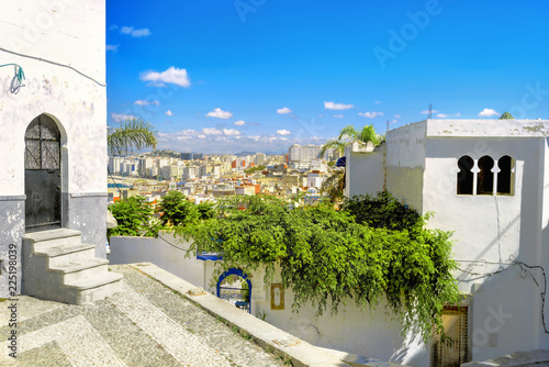 Facade of houses in medina district in Tangier. Morocco, North Africa