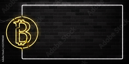 Vector realistic isolated neon sign of Bitcoin frame logo for decoration and covering on the wall background. Concept of cryptocurrency exchange and blockchain.