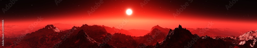 Fototapeta premium Mars o zachodzie słońca, wschód słońca nad powierzchnią obcej planety,