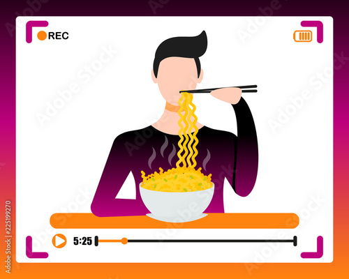 Korean boy making mukbang eating video in social media.