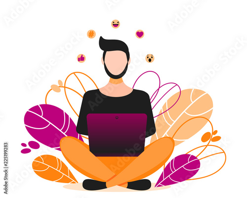 Man sitting on the floor and working with laptop in social networks.