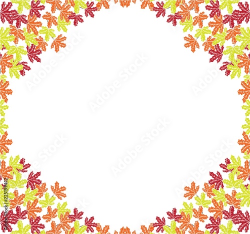 Autumn Background Layout Frame with Falling Leaves. Poster or Card. Maple Rowan, Oak, Hawthorn, Birch. Red, Orange and Yellow. Realistic Hand Drawn High Quality Vector Illustration. Doodle Style. © Santy Kamal