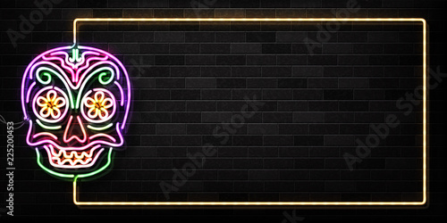Vector realistic isolated neon sign of Dia de Muertos skull frame logo for decoration and covering on the wall background. Concept of Happy Day of the Dead in Mexico.