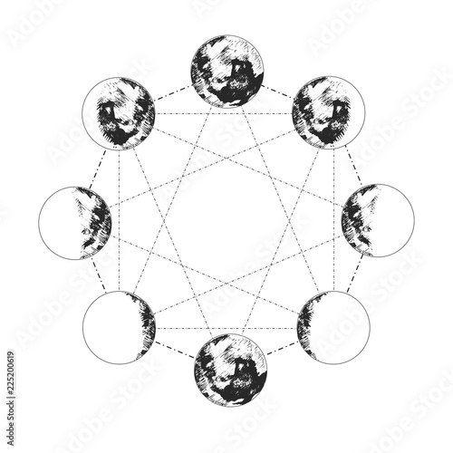 moon phases set in hexagon