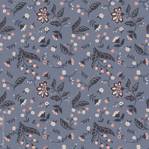 Decent flower and leaf pattern. Seamless design in shades of grey, inspired by traditioinal folk embroidery. Trendy vintage style.
