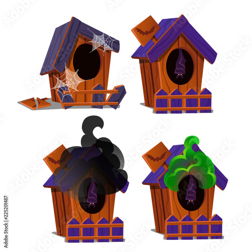 Set of wooden birdhouses with a bat inside and poisonous smoke isolated on white background. Sketch for a poster or card for holiday of all evil spirits Halloween. Vector cartoon close-up illustration