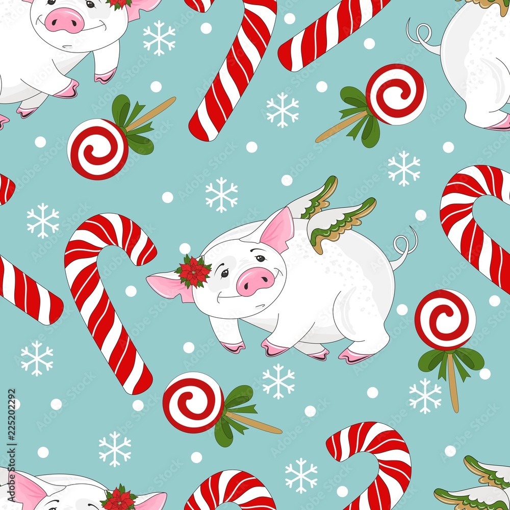 Seamless pattern with Christmas pig on winter background. For printing on fabric, postcards, paper. Vector illustration. Seamless pattern with Christmas pig on winter background. For printing on fabric, postcards, paper. Vector illustration.