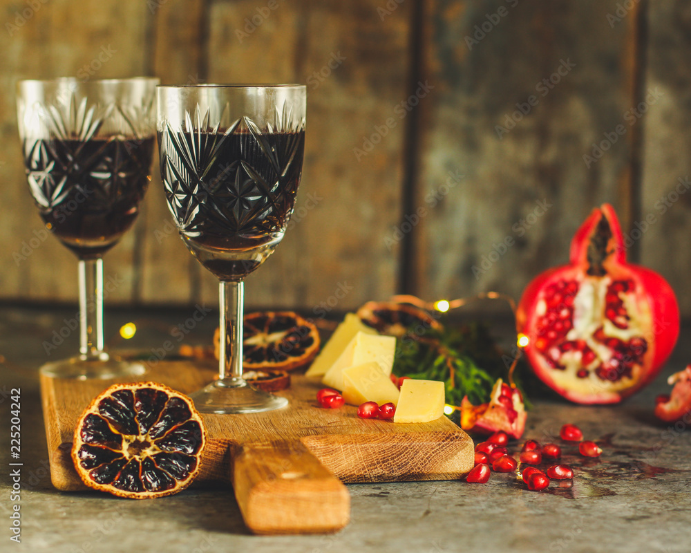 red wine in glasses, festive atmosphere. new Year. Top view. food background copy space