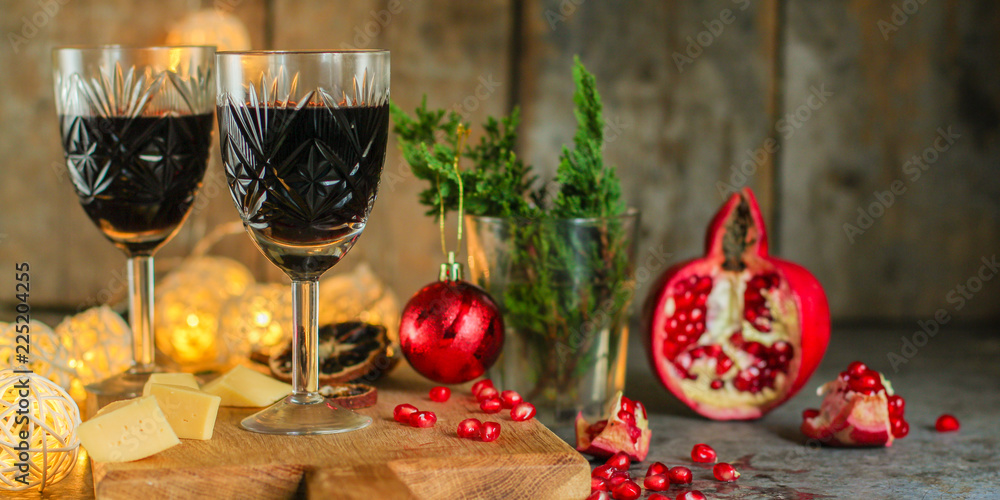 red wine in glasses, festive atmosphere. new Year. Top view. food background copy space