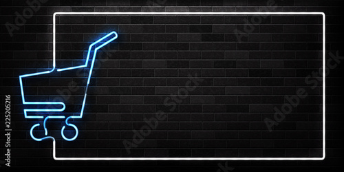 Vector realistic isolated neon sign of supermarket trolley frame logo for decoration and covering on the wall background. Concept of Black friday, sale and online shopping.