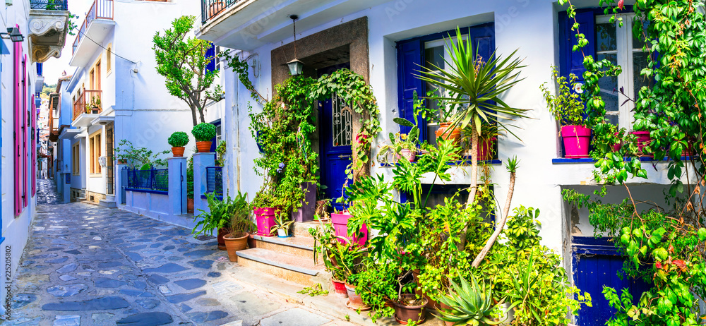 Fototapeta Traditional narrow streets with floral decoration in Greece. Skopelos island