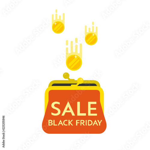 Black Friday sale. Inscription design template. Red purse with golden coins. Saving money concept. Isolated vector illustration on white background.