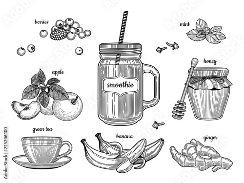 Smoothie in a glass jar. The individual ingredients. Berries, apple, green tea, banana, ginger, honey, mint. 
