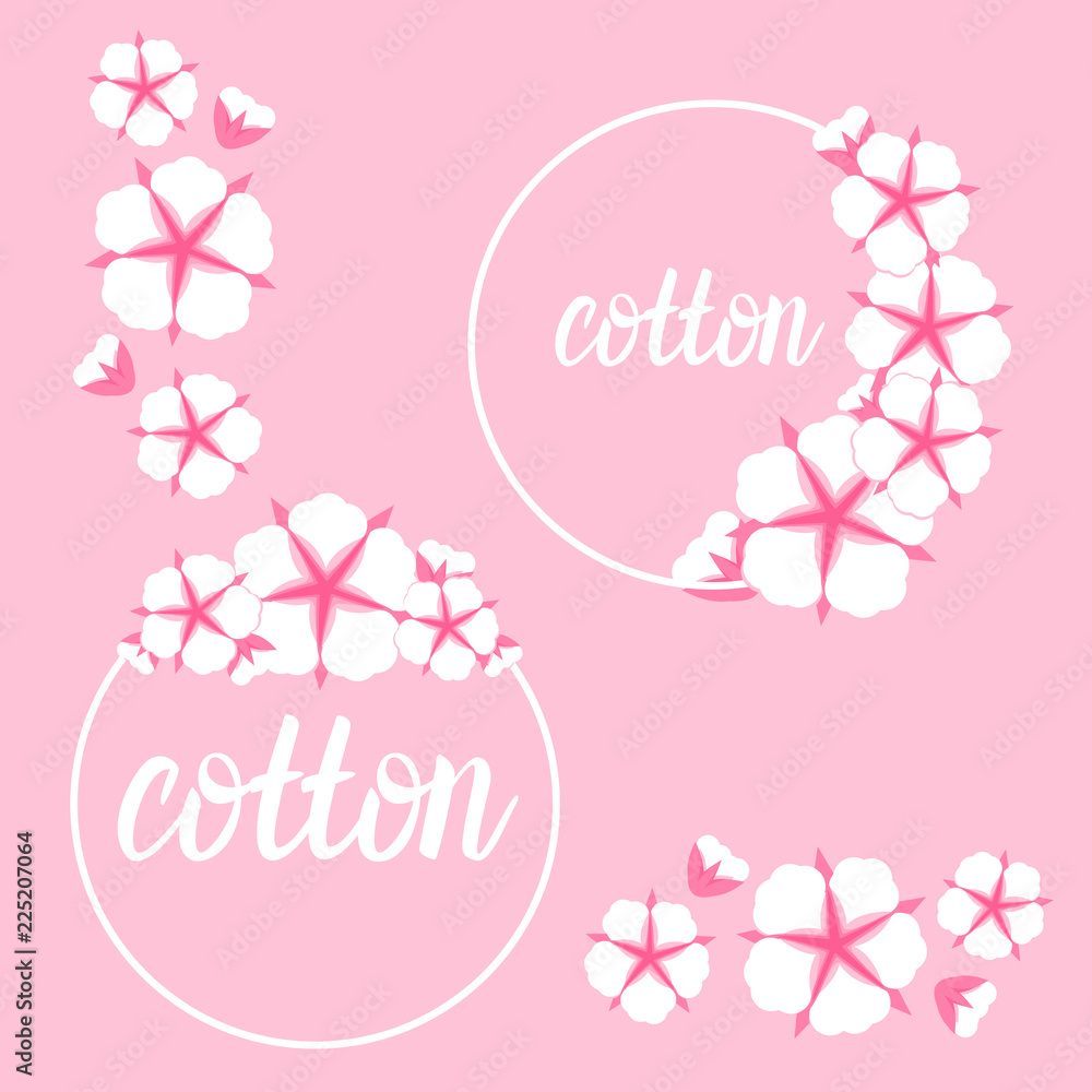 Set Cotton flower frame. Flat style cute colorful background. Vector illustration.